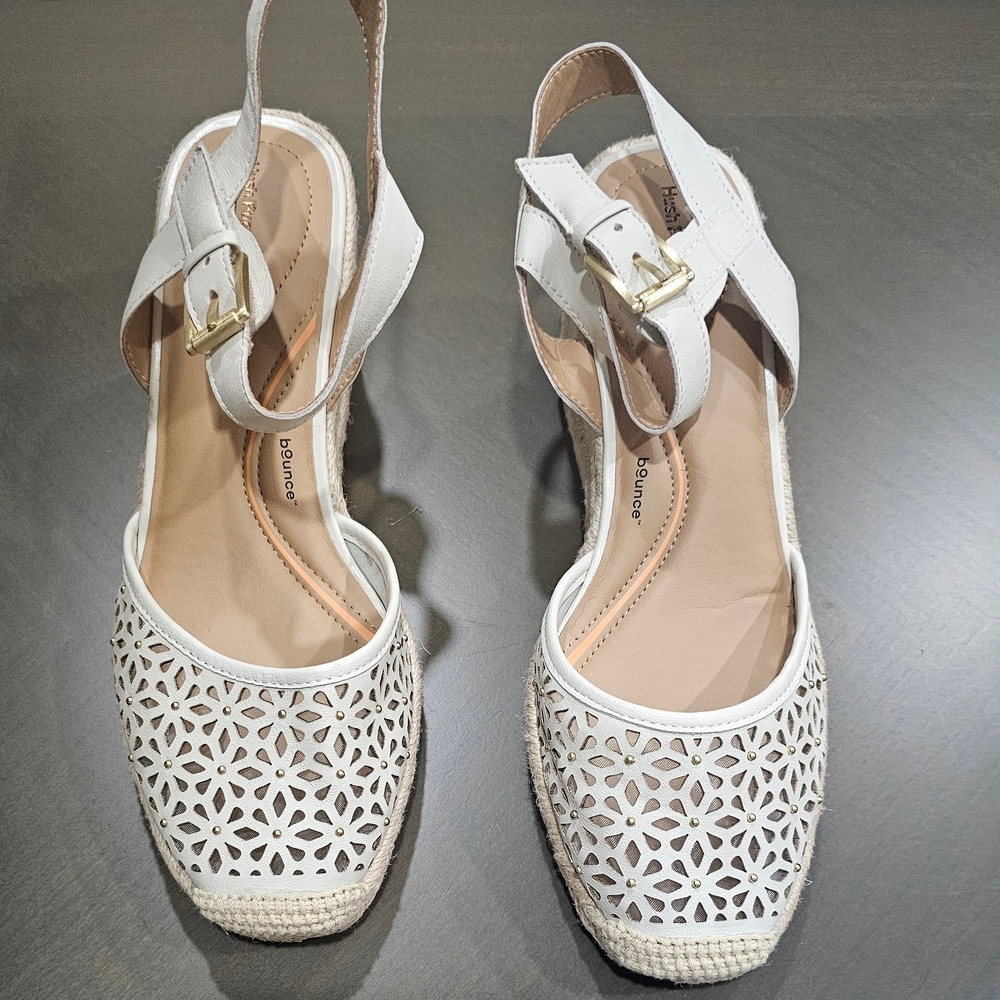 Hush Puppies Bounce Cream Espadrille Wedge Sandals Buckle Leather Cut-Out - Picture 4 of 11